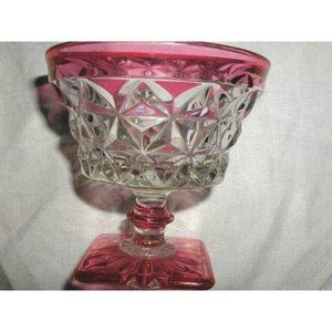 8pc Vintage Diamond Pressed Pattern Sherbet Cranberry Rim and Square Base 1940's